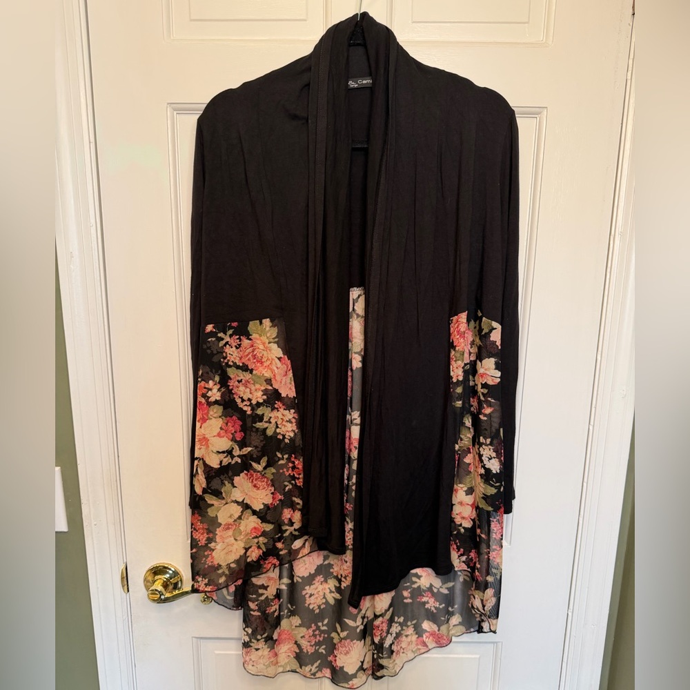Kim & Cami Black Floral Mesh Hem Open‎ Front Cardigan Duster Size Large